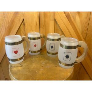 Vintage Siesta Ware Frosted Glass Mugs Wood Metal Handle Set of 4 Aces Cards (59